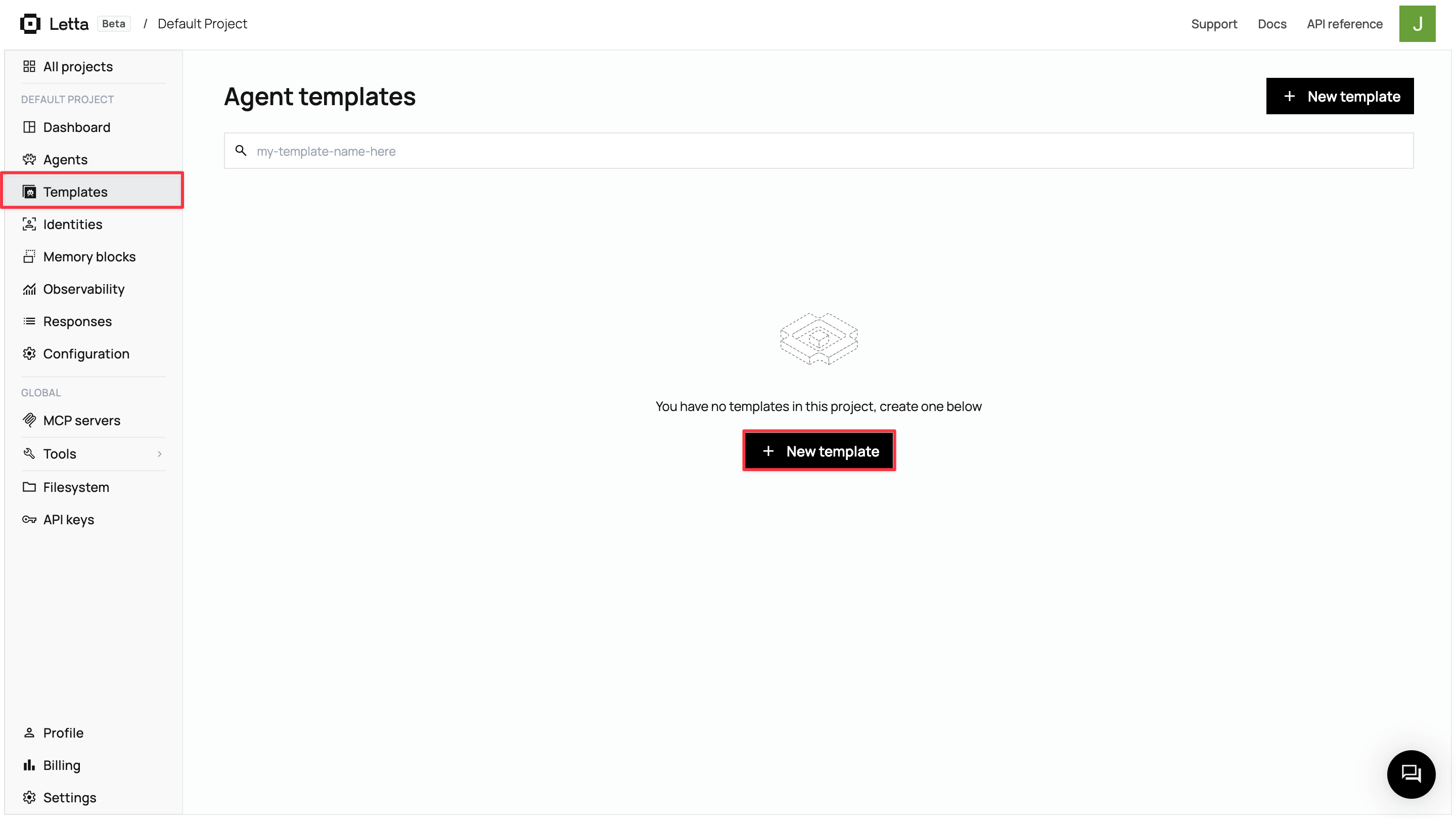 Creating a new agent template in the Letta dashboard