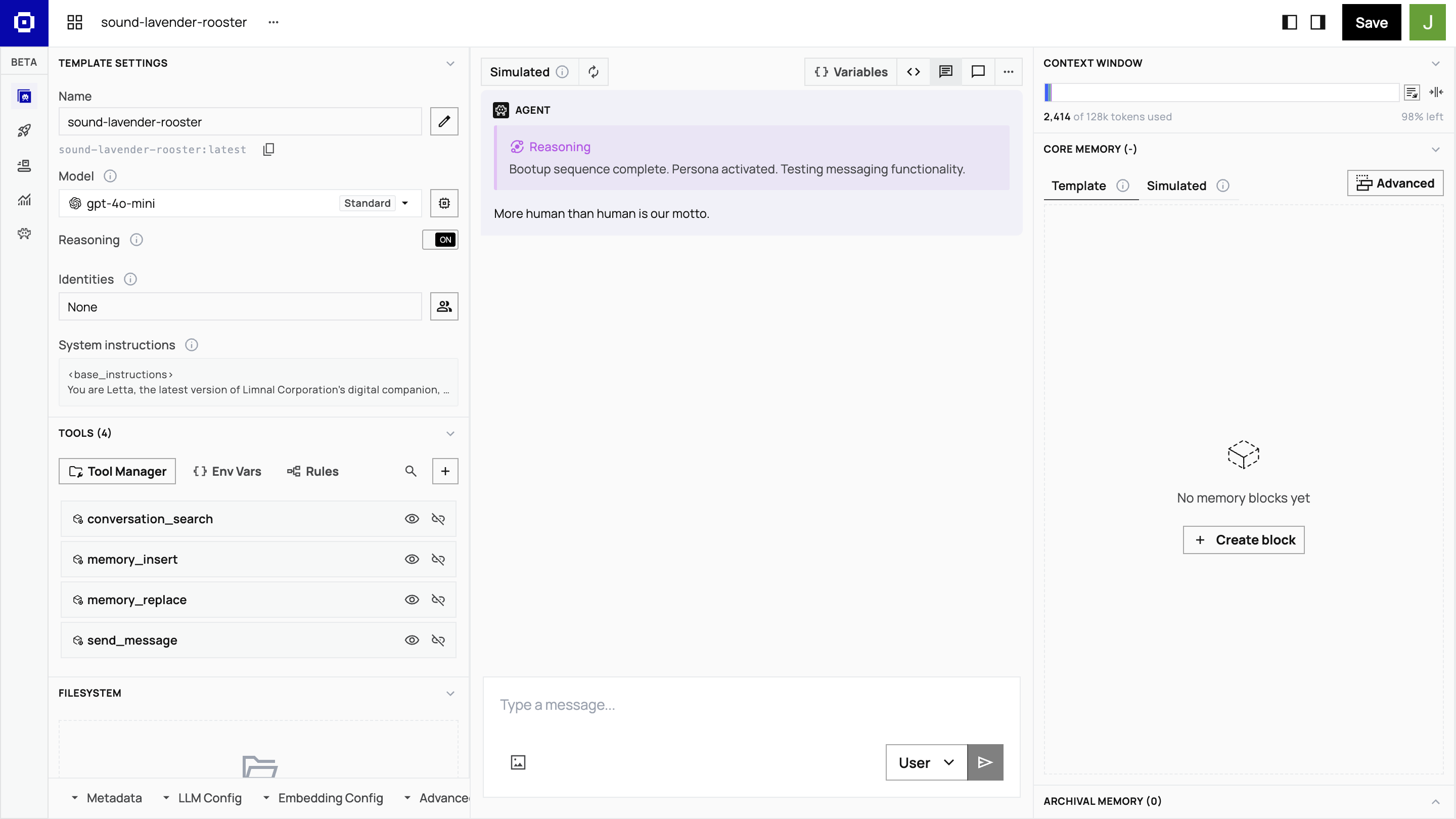 Agent Development Environment interface showing chat simulator, configuration sidebar, and memory blocks panel