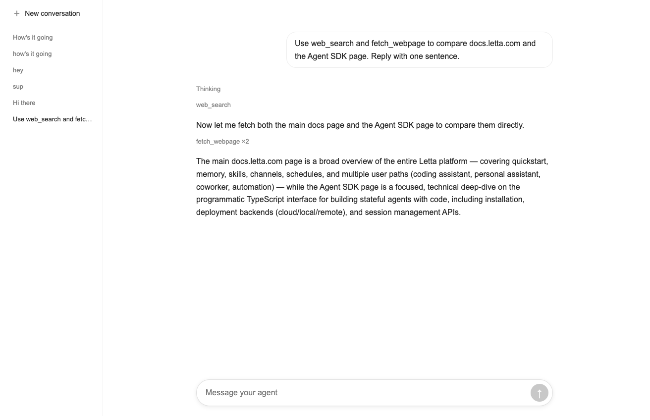 The React chat page has a conversation sidebar, an ordered transcript, and a composer