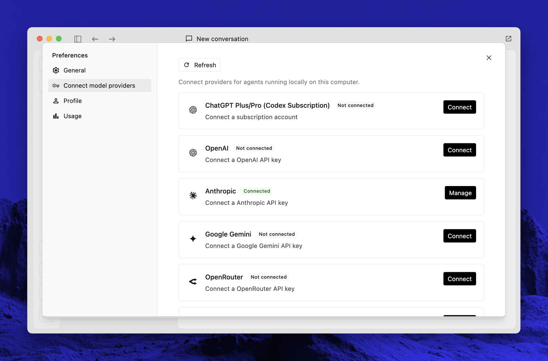 Connecting model providers in the Letta app preferences