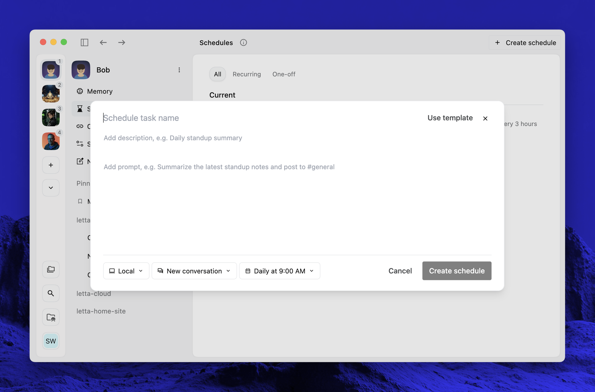 Creating a schedule in the Letta app