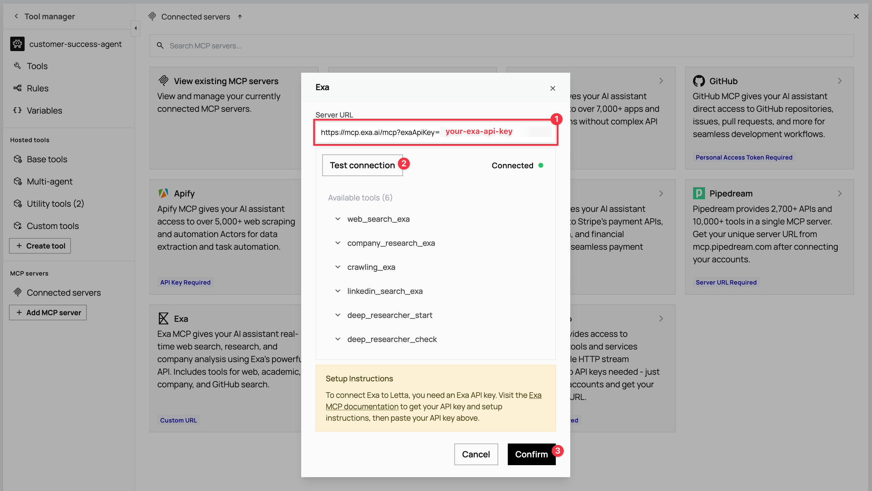 Available Exa tools after successful connection