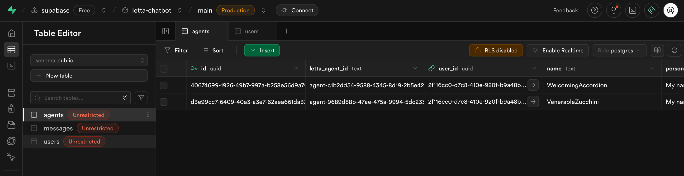 Agents table in Supabase
