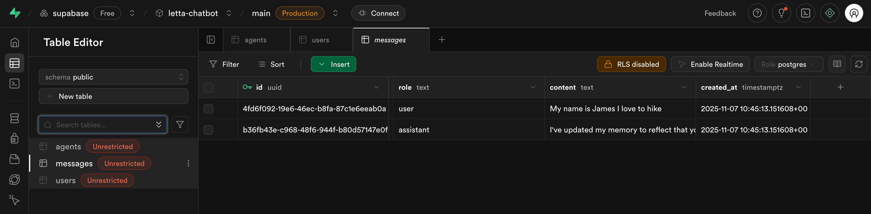 Messages table in Supabase