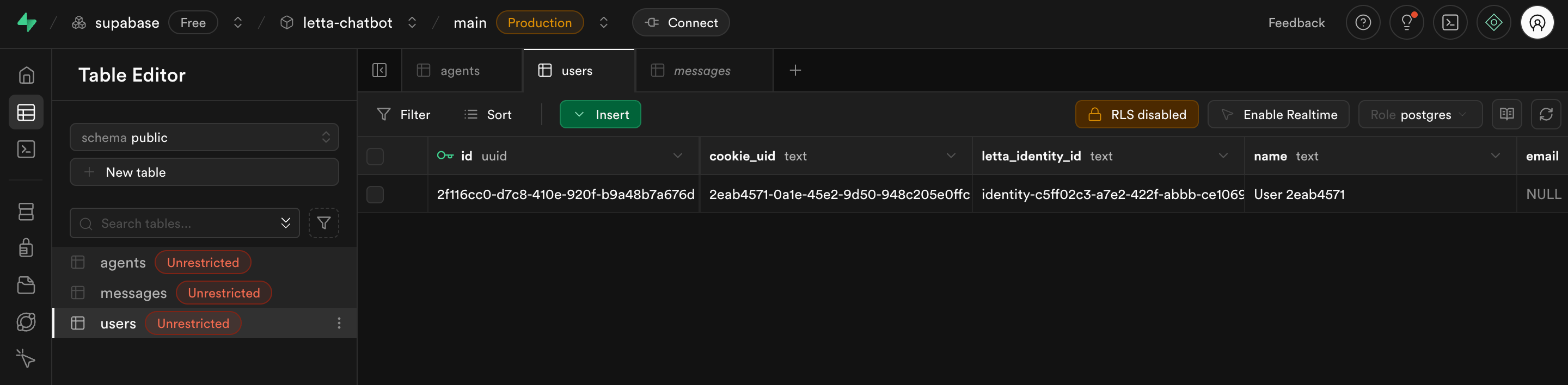 Users table in Supabase