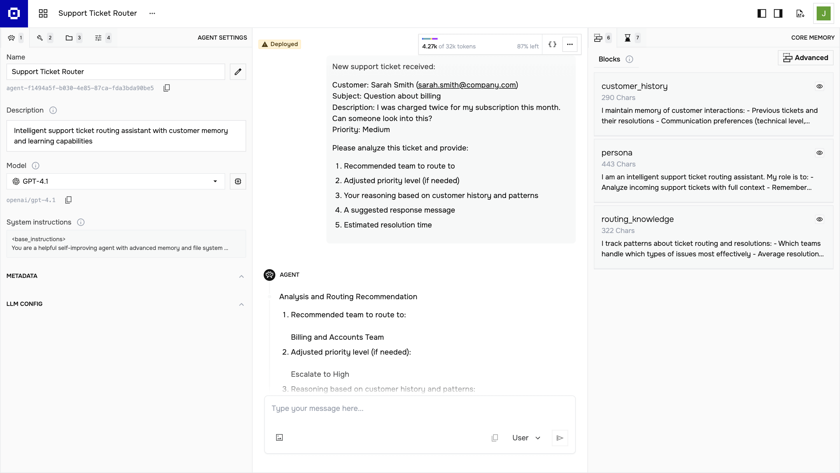 Agent chat history in ADE