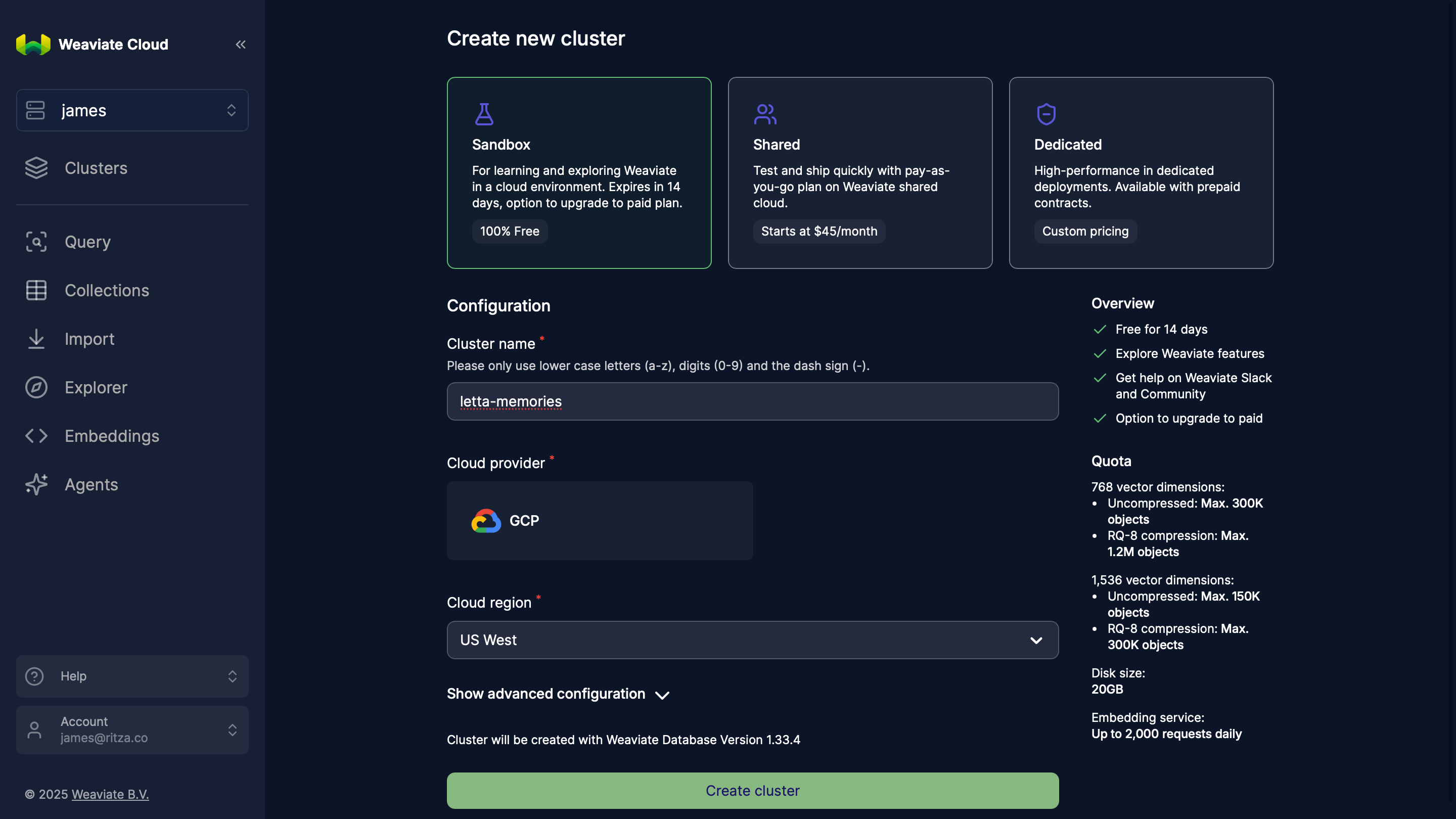 Create Weaviate Cluster