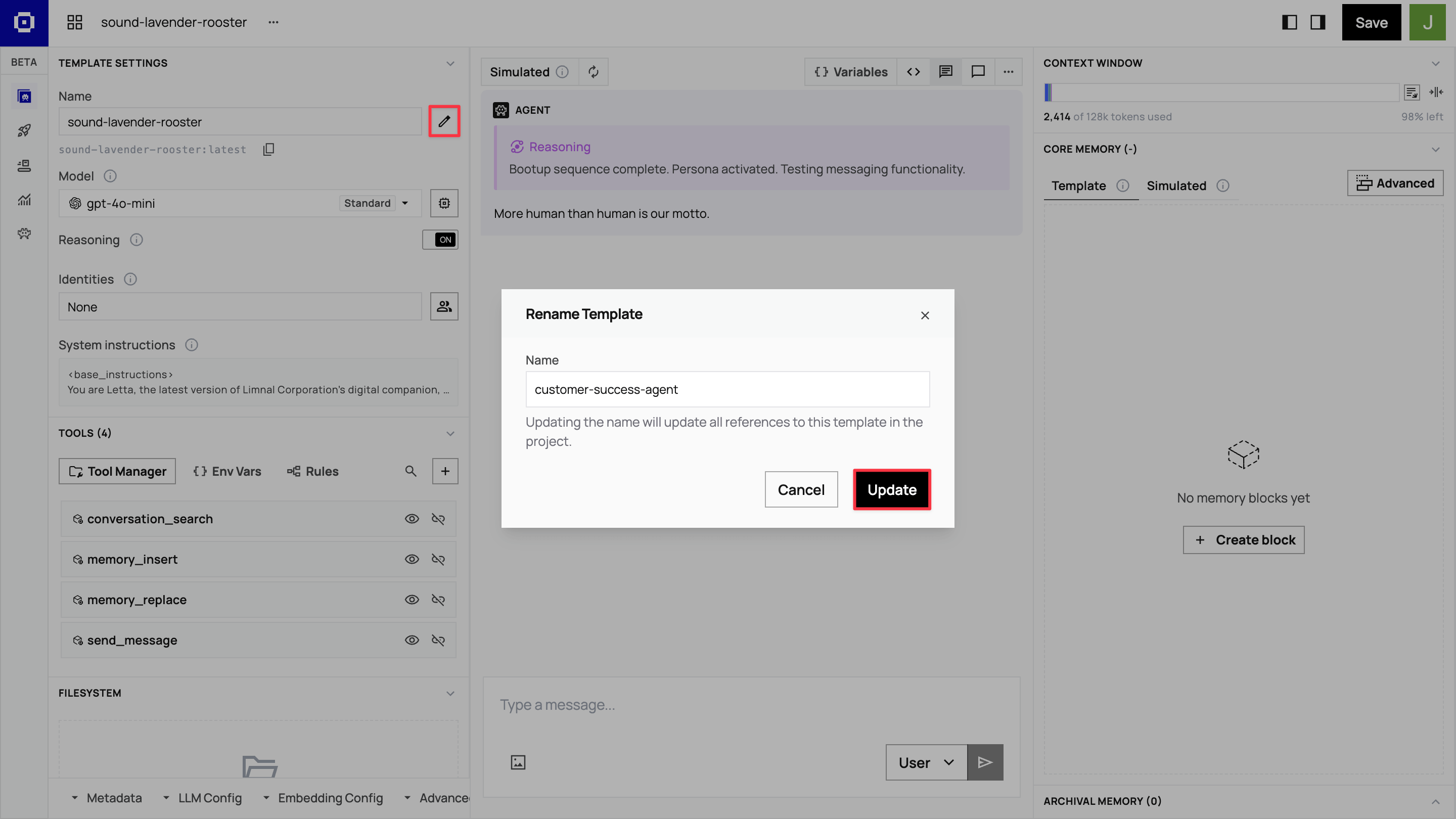 Editing agent template name in the ADE
