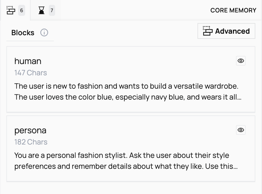 Updated human memory block showing navy blue preference