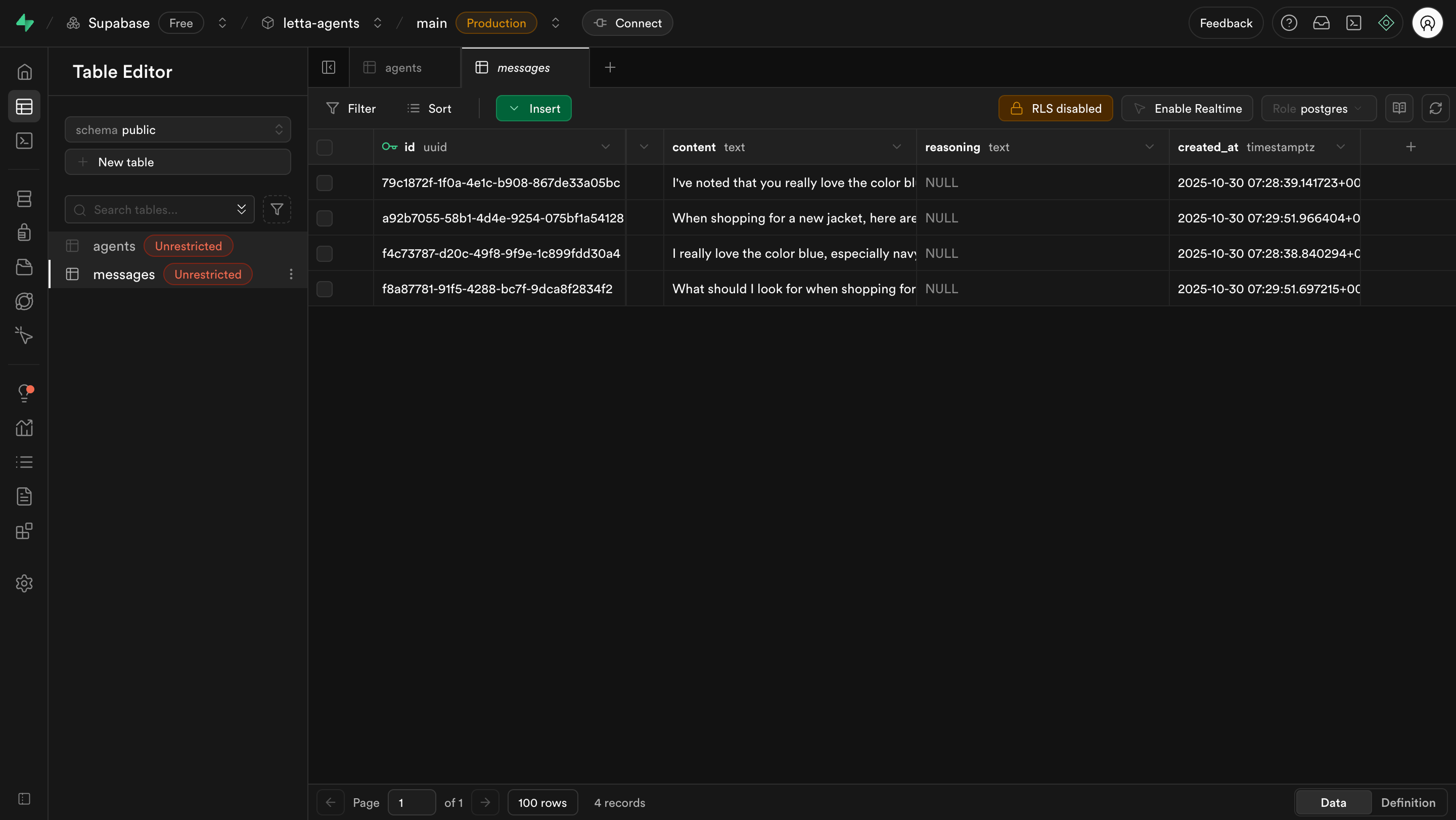 Supabase table editor showing agents and messages