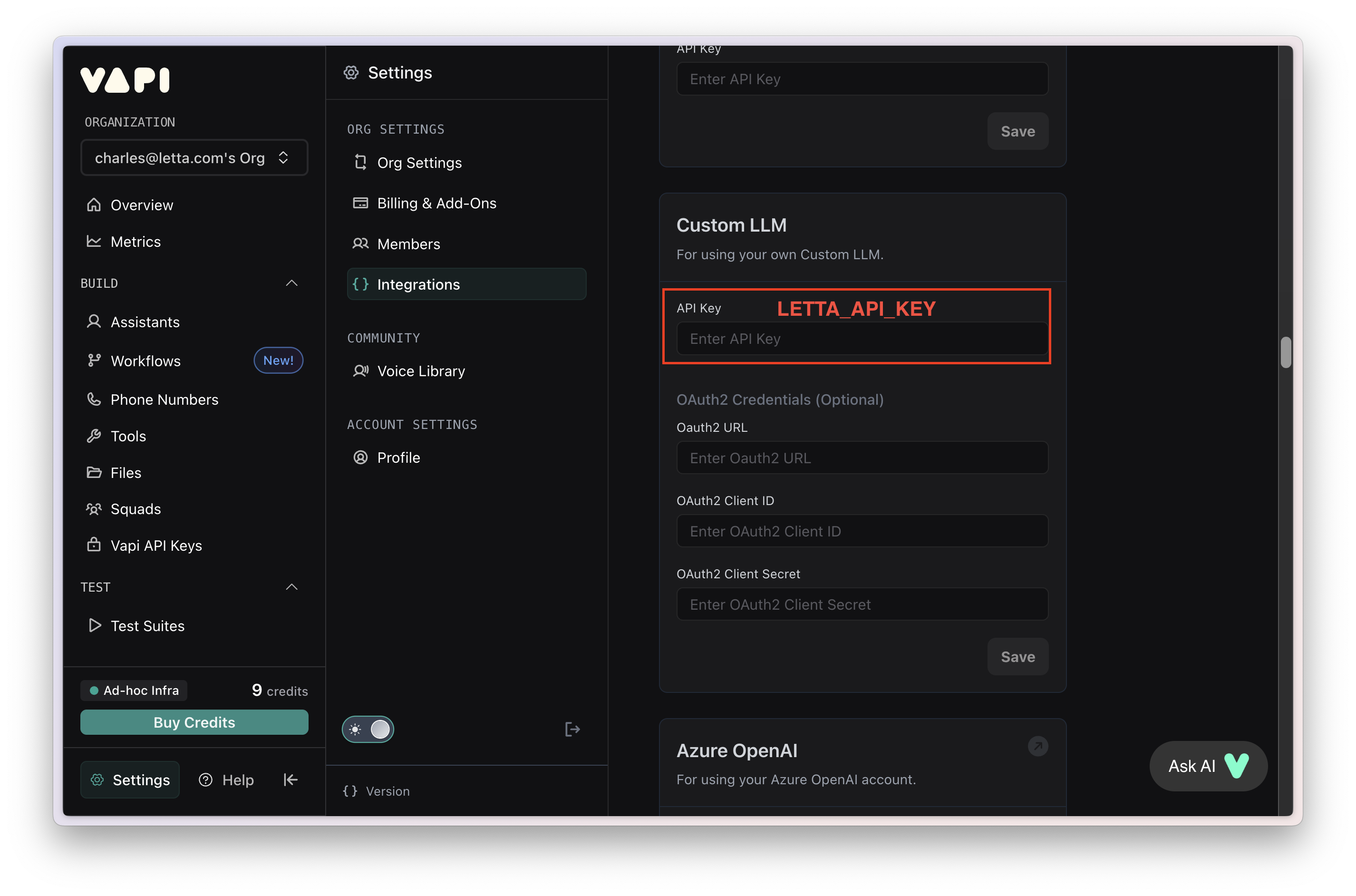 Vapi custom LLM configuration